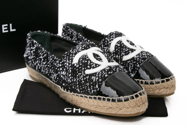 CHANEL Black and White Tweed Lambskin Patent CC Espadrilles 42