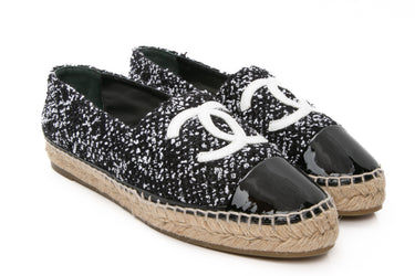 CHANEL Black and White Tweed Lambskin Patent CC Espadrilles 42