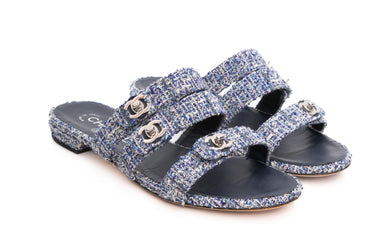 CHANEL Blue Ecru Grey Tweed Lambskin CC Turnlock Mule Sandals 37.5
