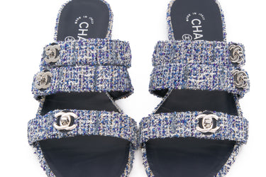 CHANEL Blue Ecru Grey Tweed Lambskin CC Turnlock Mule Sandals 37.5