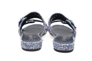 CHANEL Blue Ecru Grey Tweed Lambskin CC Turnlock Mule Sandals 37.5