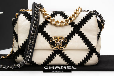 CHANEL White Black Calfskin Crochet Medium Chanel 19 Flap Bag