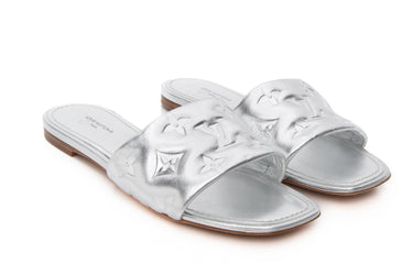 LOUIS VUITTON Silver Metallic Lambskin Embossed Monogram Revival Flat Mule 37