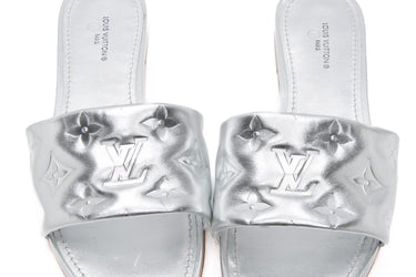 LOUIS VUITTON Silver Metallic Lambskin Embossed Monogram Revival Flat Mule 37