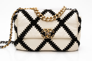 CHANEL White Black Calfskin Crochet Medium Chanel 19 Flap Bag