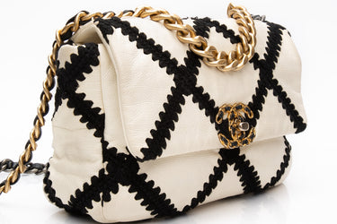 CHANEL White Black Calfskin Crochet Medium Chanel 19 Flap Bag