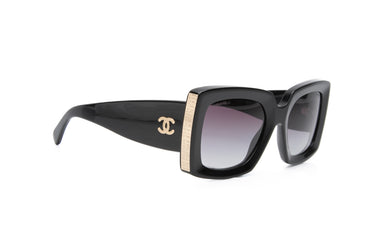CHANEL Black and Gold Rectangle Acetate Sunglasses (New)