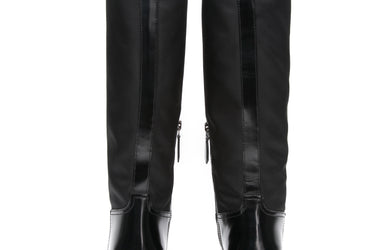 PRADA Black Re-Nylon and Leather Calzature Donna Spazzolato Knee High Boots 38 (New)