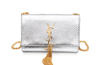SAINT LAURENT Silver Monogram Python Lamine Moon Small Kate Tassel Crossbody Bag