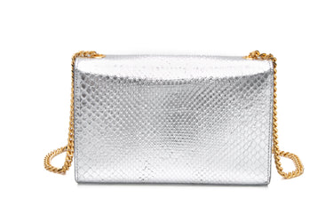 SAINT LAURENT Silver Monogram Python Lamine Moon Small Kate Tassel Crossbody Bag
