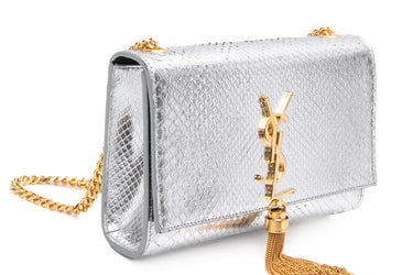 SAINT LAURENT Silver Monogram Python Lamine Moon Small Kate Tassel Crossbody Bag