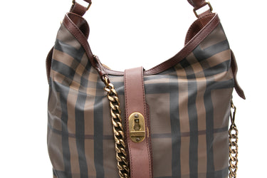 BURBERRY Brown Smoked Check Canvas Chain Large Hobo Bag