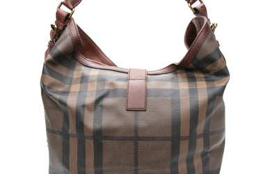 BURBERRY Brown Smoked Check Canvas Chain Large Hobo Bag