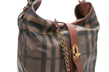 BURBERRY Brown Smoked Check Canvas Chain Large Hobo Bag