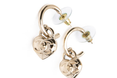 CHANEL Metal CC Heart Turnlock Drop Gold Earrings