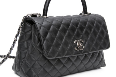 CHANEL Black Caviar Lizard Quilted Small Coco Handle Flap Bag