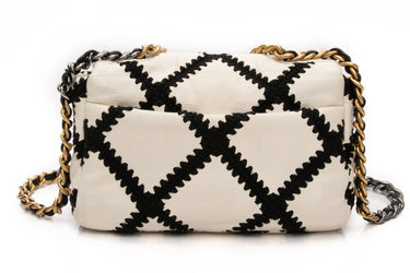CHANEL White Black Calfskin Crochet Chanel 19 Flap Bag