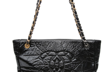 CHANEL Black Shiny Aged Calfskin Quilted Small Shopping Tote Bag
