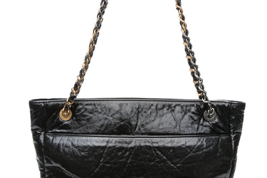 CHANEL Black Shiny Aged Calfskin Quilted Small Shopping Tote Bag