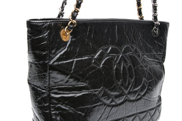 CHANEL Black Shiny Aged Calfskin Quilted Small Shopping Tote Bag