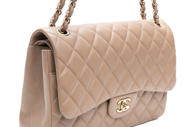 CHANEL Dark Beige Lambskin Quilted Jumbo Double Flap Bag