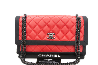 CHANEL Black Red Lambskin Grosgrain Quilted Flap Bag