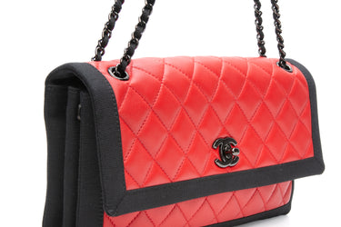 CHANEL Black Red Lambskin Grosgrain Quilted Flap Bag