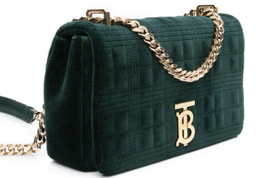 BURBERRY Dark Green Velvet Quilted Small Lola Shoulder Bag