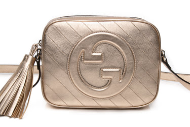 GUCCI Golden Metallic Calfskin Diagonal Stitched Small Blondie Camera Crossbody Bag (New)