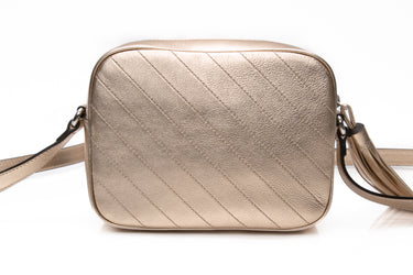 GUCCI Golden Metallic Calfskin Diagonal Stitched Small Blondie Camera Crossbody Bag (New)