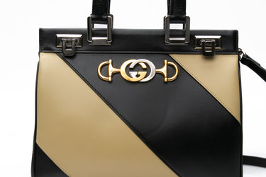 GUCCI Black and Beige Calfskin Small Zumi Top Handle Bag