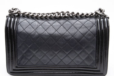 CHANEL Black Goatskin with Patent Quilted Medium Boy Flap Bag