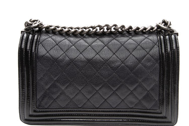 CHANEL Black Goatskin with Patent Quilted Medium Boy Flap Bag