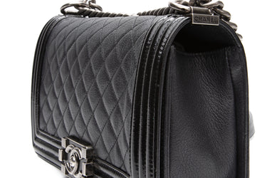 CHANEL Black Goatskin with Patent Quilted Medium Boy Flap Bag