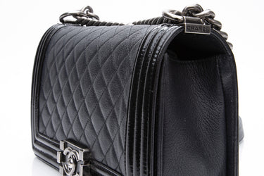 CHANEL Black Goatskin with Patent Quilted Medium Boy Flap Bag