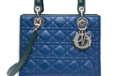 DIOR Tri-color Blue Celeste Deep Green Lambskin Cannage Medium Lady Dior Bag