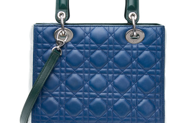 DIOR Tri-color Blue Celeste Deep Green Lambskin Cannage Medium Lady Dior Bag