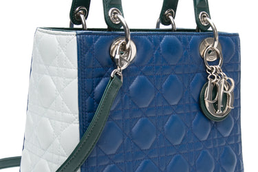 DIOR Tri-color Blue Celeste Deep Green Lambskin Cannage Medium Lady Dior Bag