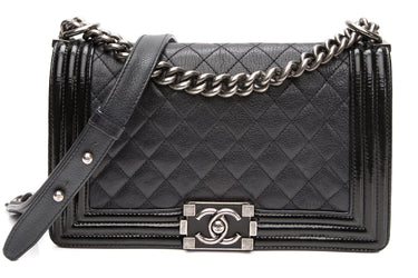 CHANEL Black Goatskin with Patent Quilted Medium Boy Flap Bag