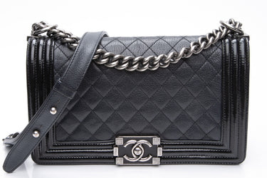 CHANEL Black Goatskin with Patent Quilted Medium Boy Flap Bag