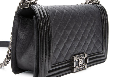 CHANEL Black Goatskin with Patent Quilted Medium Boy Flap Bag