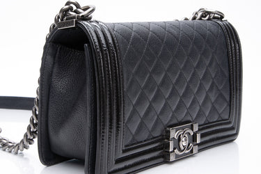 CHANEL Black Goatskin with Patent Quilted Medium Boy Flap Bag