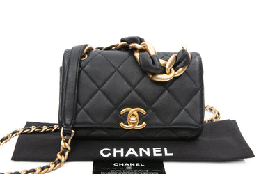 CHANEL Black Shiny Lambskin Small Chain Is More Flap Crossbody Bag