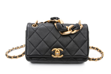 CHANEL Black Shiny Lambskin Small Chain Is More Flap Crossbody Bag