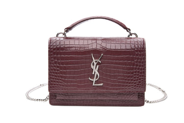 SAINT LAURENT Rouge Legion Croc Embossed Leather Mini Sunset Chain Wallet Crossbody Bag