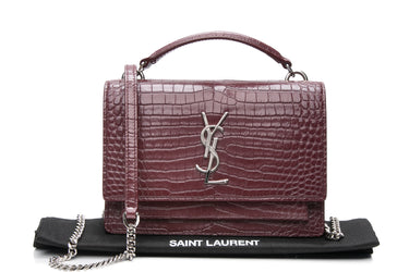 SAINT LAURENT Rouge Legion Croc Embossed Leather Mini Sunset Chain Wallet Crossbody Bag
