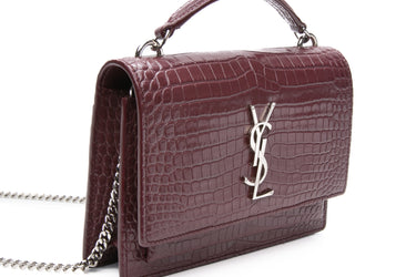 SAINT LAURENT Rouge Legion Croc Embossed Leather Mini Sunset Chain Wallet Crossbody Bag