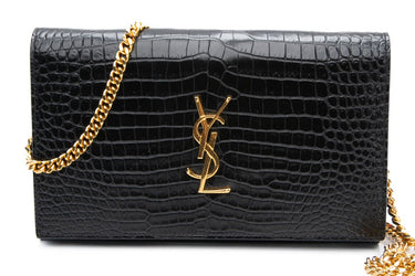 SAINT LAURENT Black Cassandre Crocodile Embossed Wallet on Chain WOC