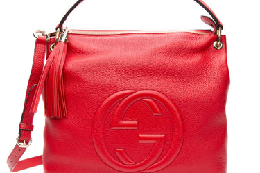 GUCCI Tabasco Red Pebbled Calfskin Tassel Soho Large Two-way Hobo Shoulder Bag