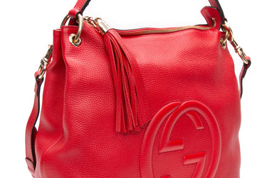 GUCCI Tabasco Red Pebbled Calfskin Tassel Soho Large Two-way Hobo Shoulder Bag